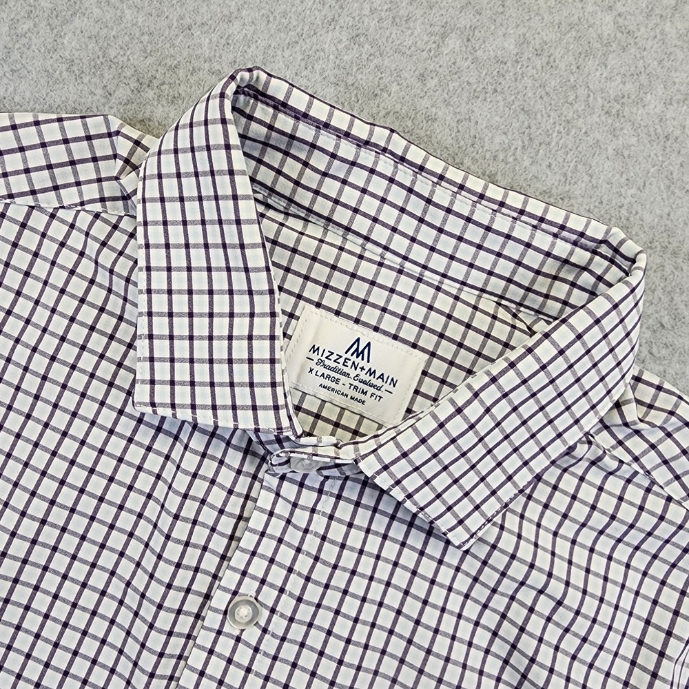 Mizzen+Main Performance Button Shirt Men XL White Blue Plaid Checkered Trim‎ Fit